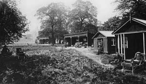 several small chalets or huts at the bottom of the lawn
